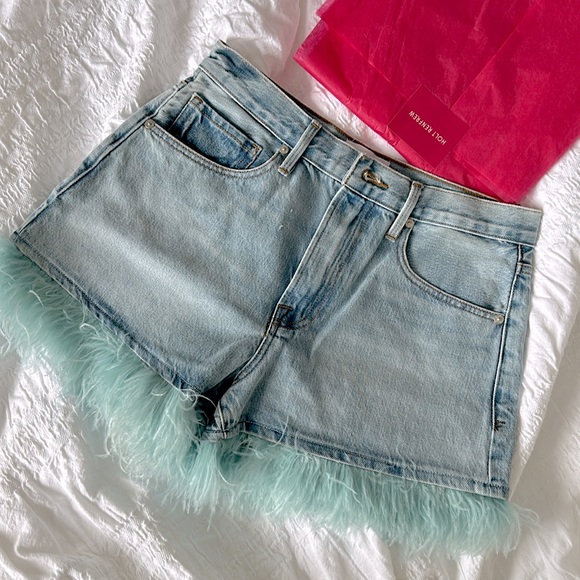 Frame Le Super High Feather-Trimmed Denim Shorts - Picture 4 of 6